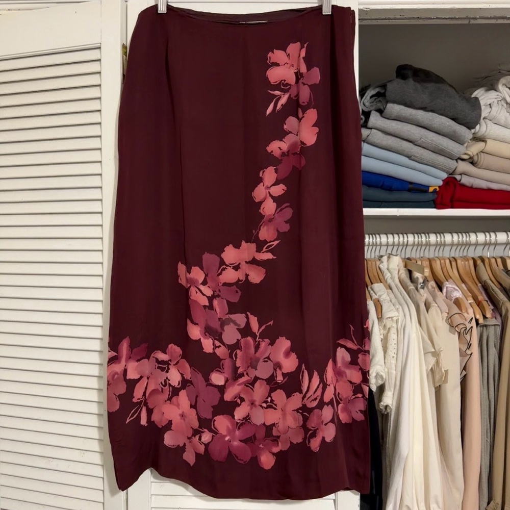 Rena Rowan Silk Floral Midi Skirt | Burgundy | Size 16 | Y2K